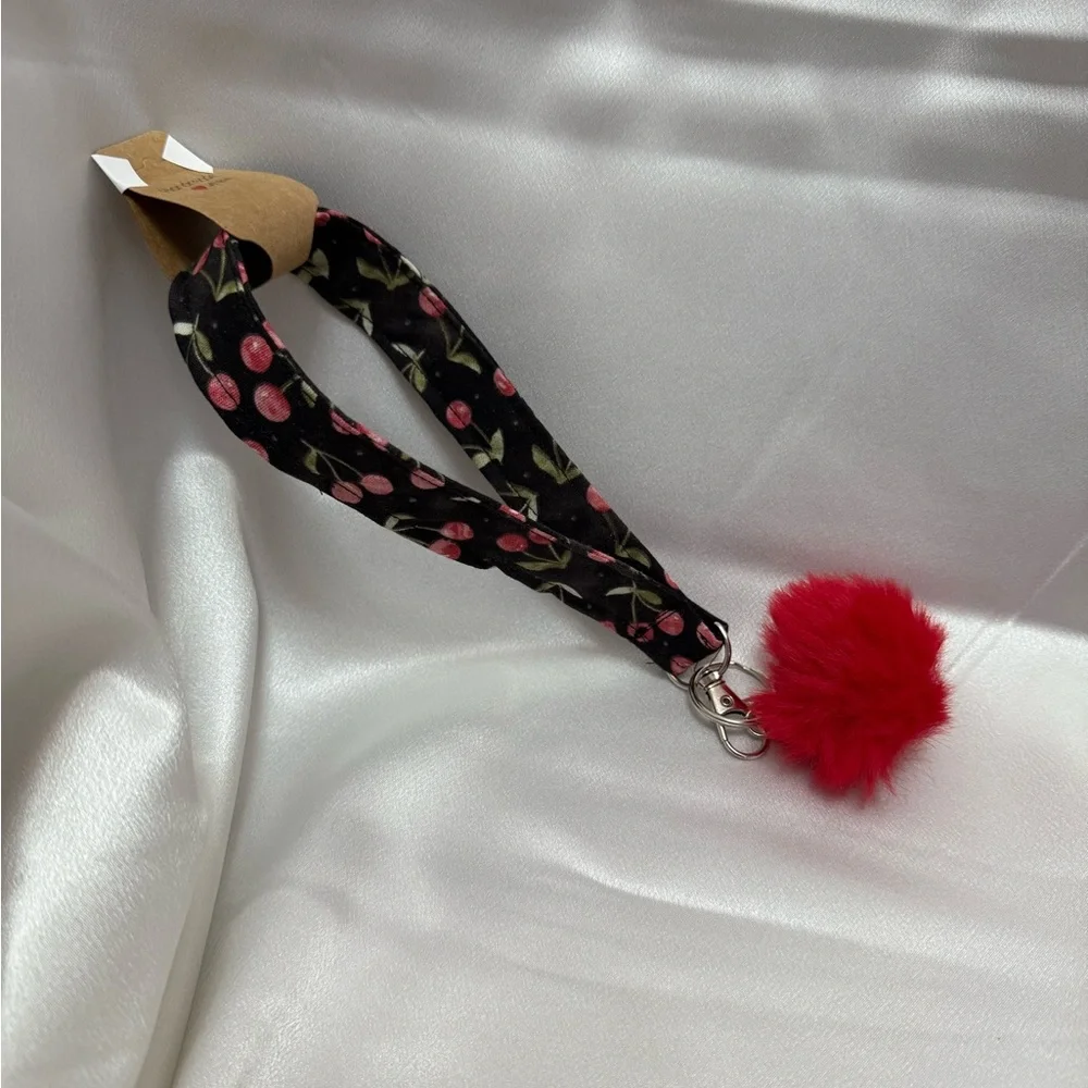 Handmade Cherry Wristlet Keychain with Red Pompom